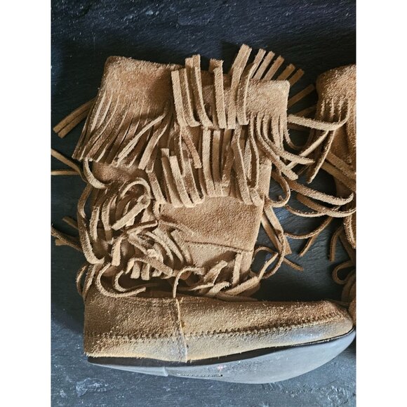 Minnetonka 3-Layer Fringe Boot Brown Suede Leather Boots Sz 9 - Picture 6 of 7